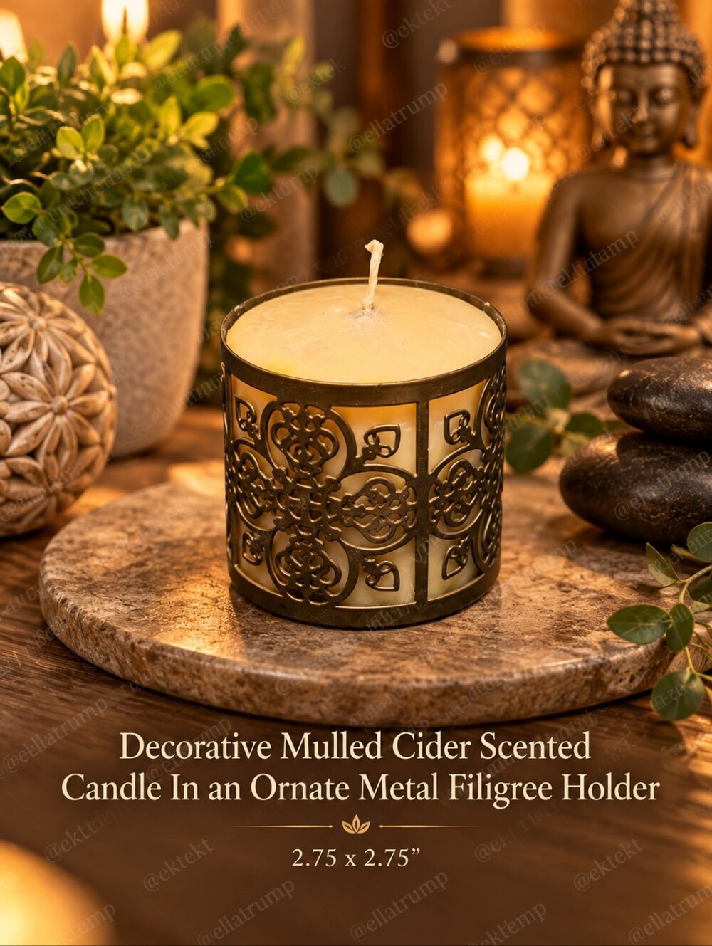 Decorative Mulled Cider Scented Candle In an Ornate Metal Filigree Holder
